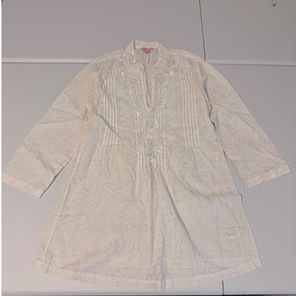 Lilly Pulitzer White Cotton Beaded Tunic Top Embroidered Boho Resort Medium oo